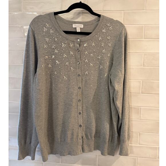 Charter Club Woman 2X Gray Beaded Cardigan Sweater Soft Rayon Blend - Picture 1 of 4